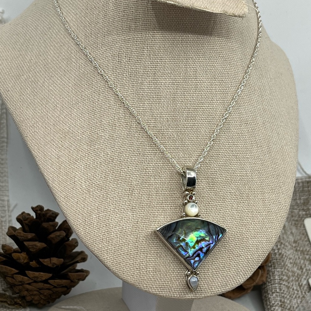 ✨ Abalone Shell & Gemstone Pendant – Sterling Silver Vintage Design - Picture 3 of 17